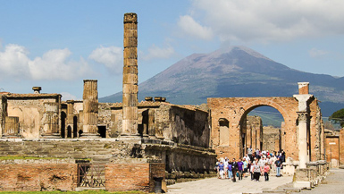 Volcano looming over ruins